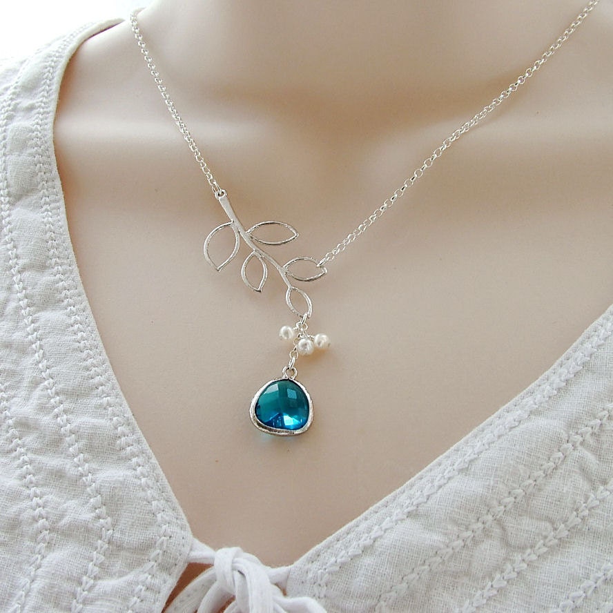 Branch Necklace - 'Florence Lagoon Blue'  Glass Drop, Freshwater Pearls and Sterling Silver Chain, Wedding, Blue Necklace