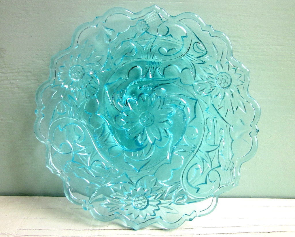 blue glass dessert plate vallerysthal depresion by FaithandFranny