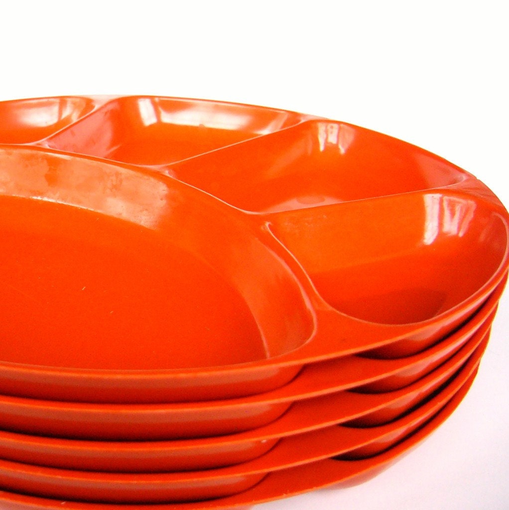 5 Orange Divided Melamine Plates by FaithandFranny on Etsy