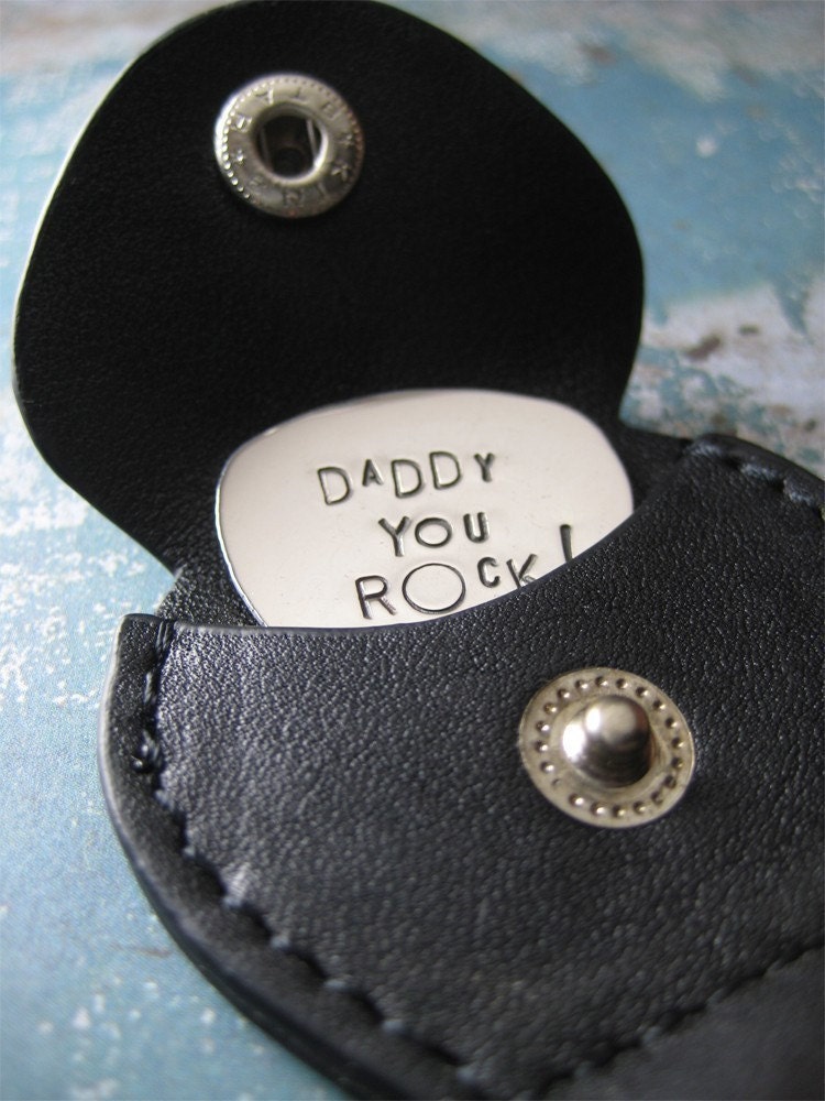 Daddy You Rock Guitar Pick - Sterling Silver - with leather keychain