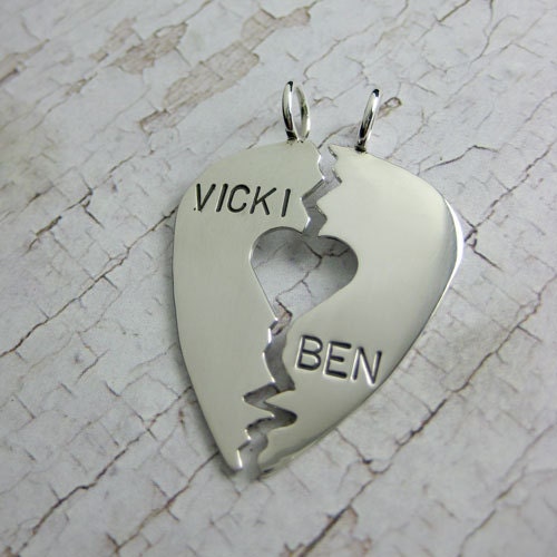 Broken Heart Guitar Pick Pendants -Sterling Silver Guitar Picks - Handstamped Personalized Jewelry by Metal Pressions