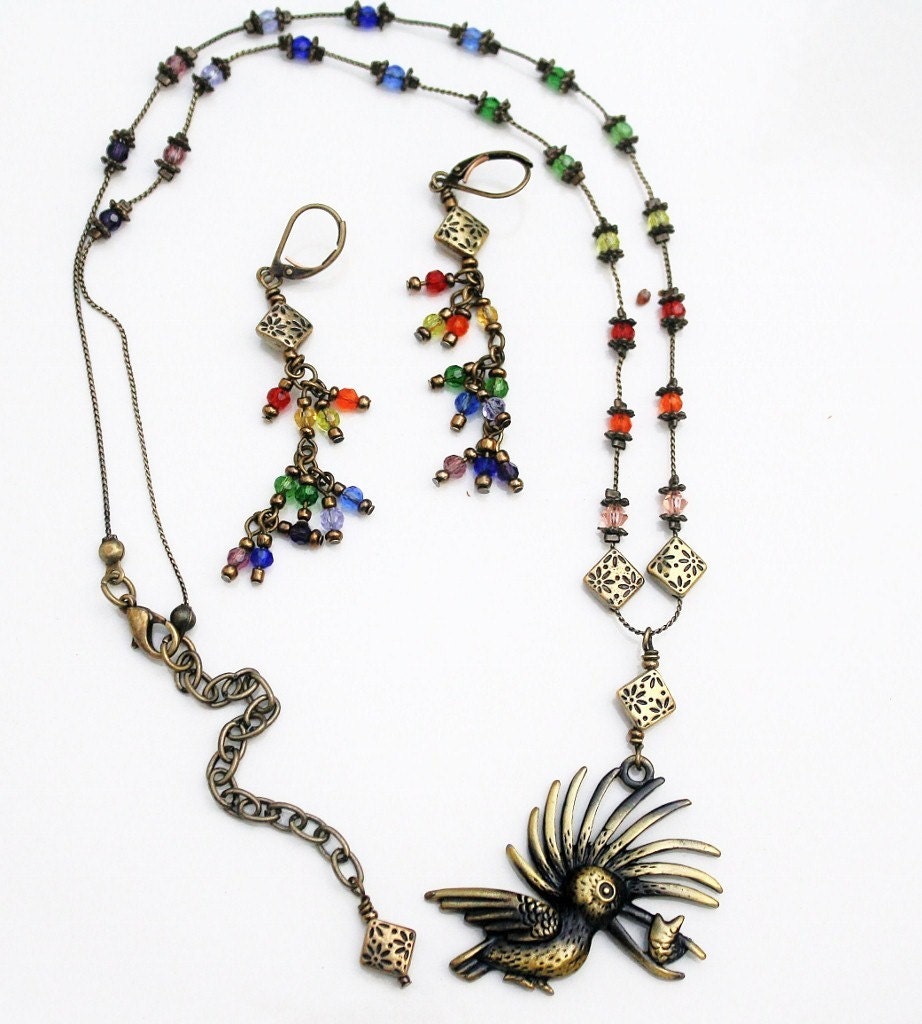 Necklace and Earrings Set Vintage Little Exotic Bird or What's for Breakfast Set