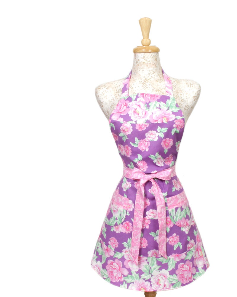 Purple Apron, Pink Peonies on Purple
