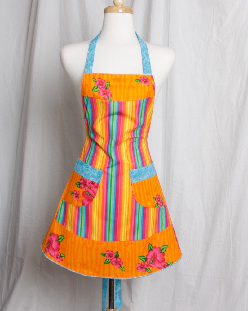 Vintage inspired Apron Retro Style Bold and Beautiful Stripes Hibiscus and Dragonflies