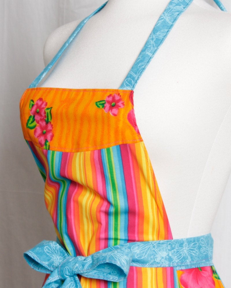 Vintage inspired Apron Retro Style Bold and Beautiful Stripes Hibiscus and Dragonflies