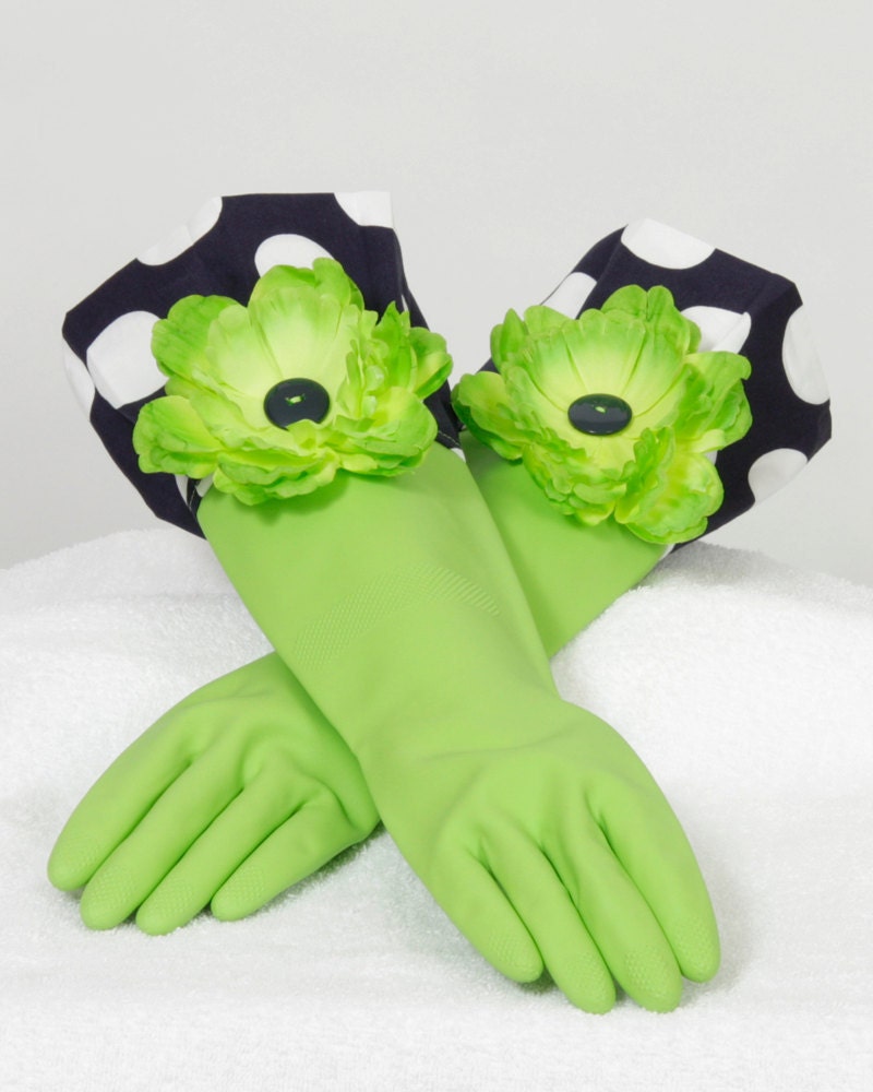 Navy Blue Lime Green Diva Gloves to wash Dishes and Clean