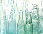 antique bottles 8 x 8 square... sunlight through blue green glass by leaping gazelle - leapinggazelle