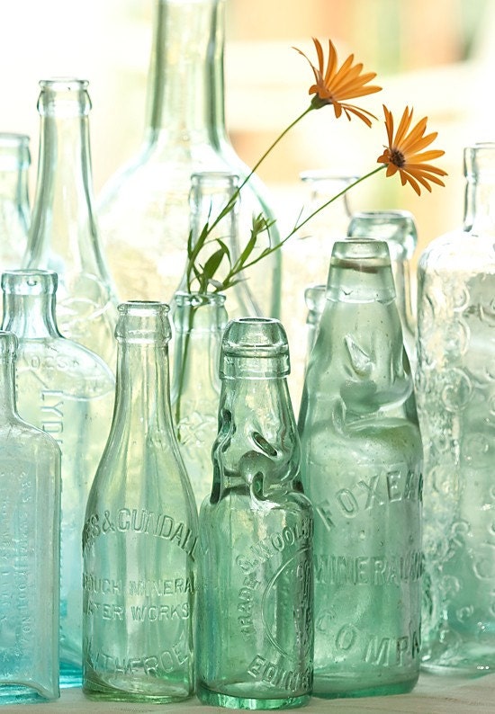Antique bottles no. 2 ... old blue green bottles in morning light photo with sea glass colors
