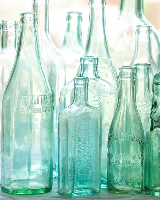 Antique bottles no. 2 ... old blue green bottles in morning light photo with sea glass colors