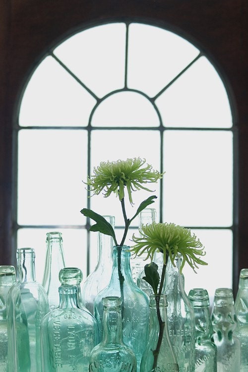 Antique bottles no. 2 ... old blue green bottles in morning light photo with sea glass colors