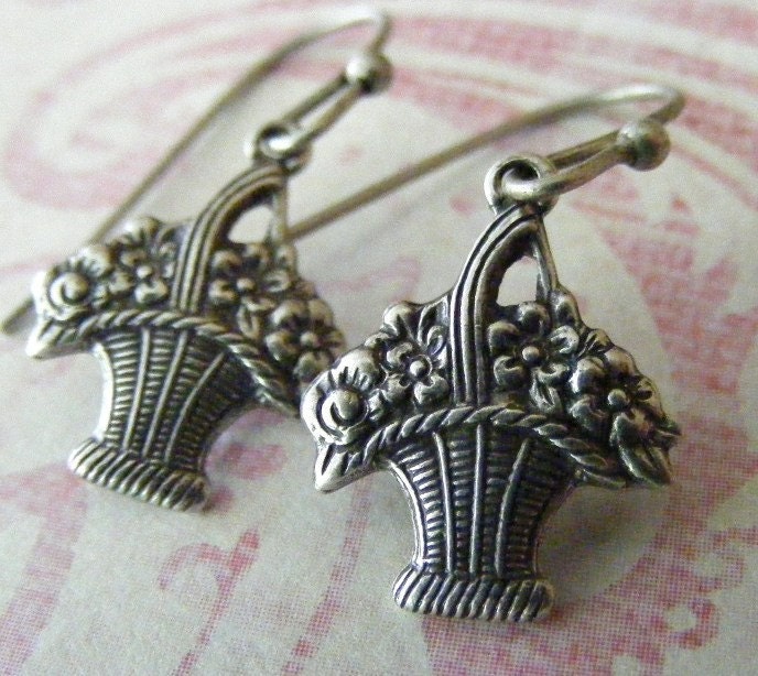 Petite Vintage Flower Basket Earring Dangles in Antique Silver