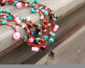 Pink, turquoise and chocolate - versatile crocheted necklace / bracelet - rusteam ohtteam - Free Worldwide Shipping