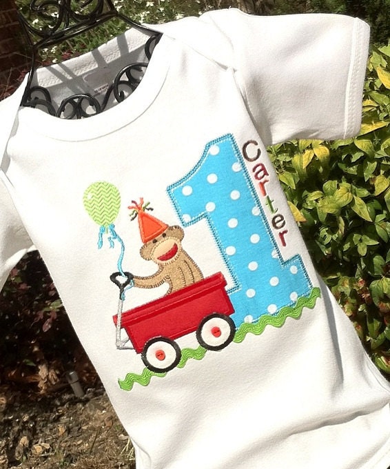 Boys Wagon with Monkey and Appliqued Age Tee on Onesie