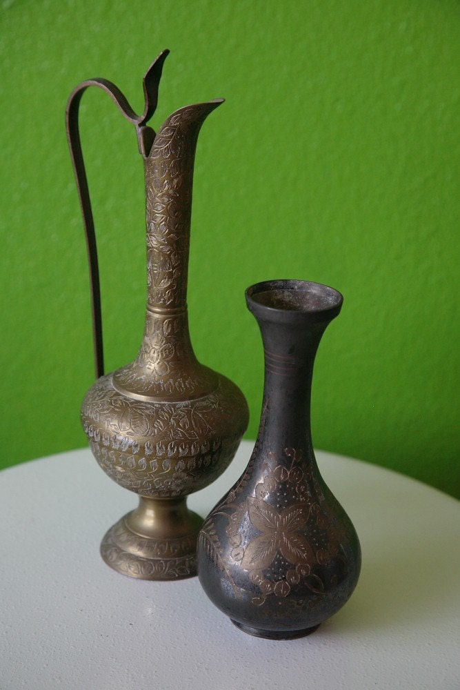 Vintage Ornate Brass Vases From India Pair by laurensharon on Etsy