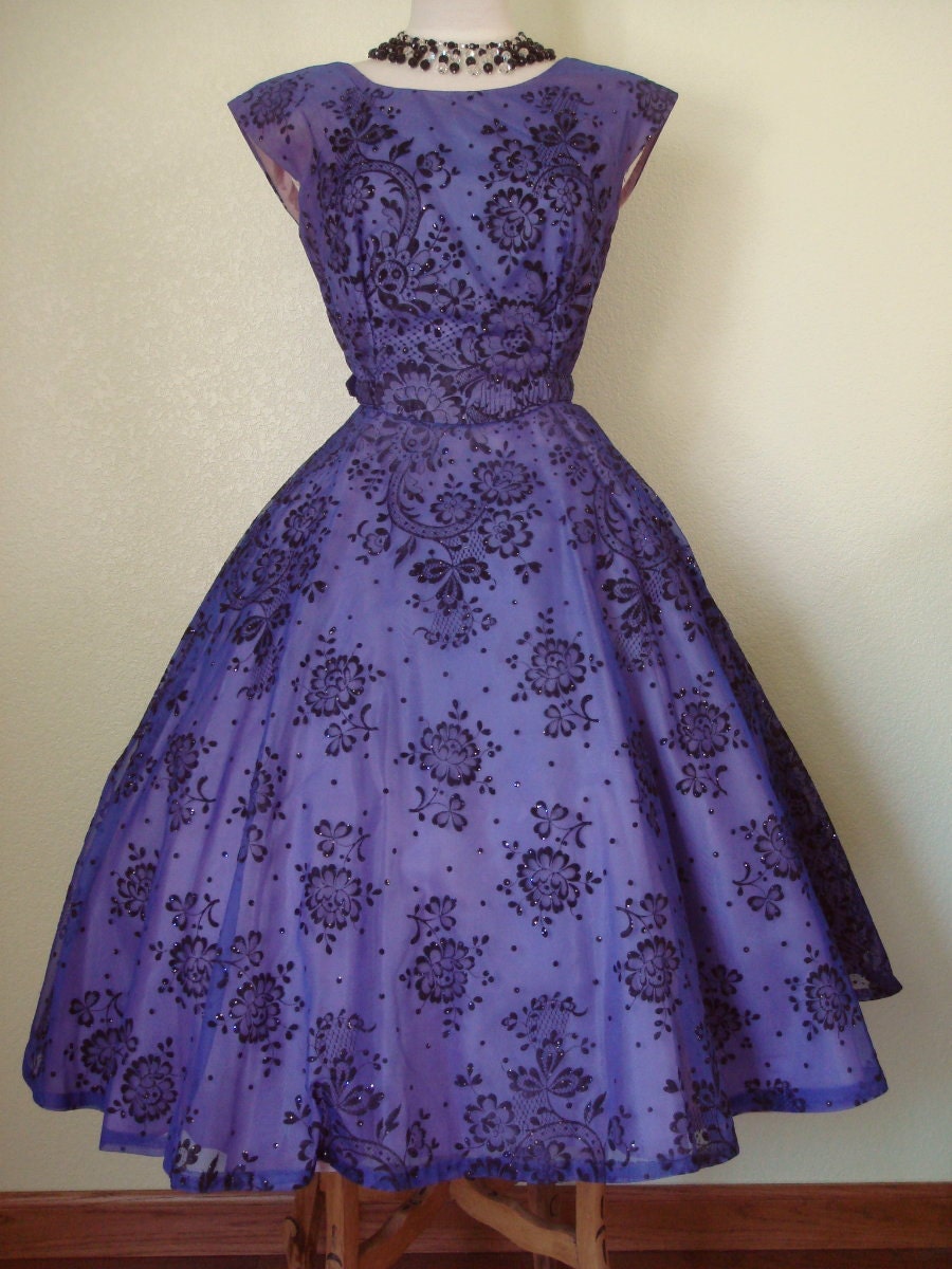 Reserved Until Monday Vintage 50s Vixen Luminous Purple Hue Cocktail Party Dress with Embossed Black Velvet and Rhinestones