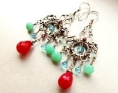 Sterling silver handmade chandelier earrings, Chalcedony, Chrysoprase and Apatite gemstones