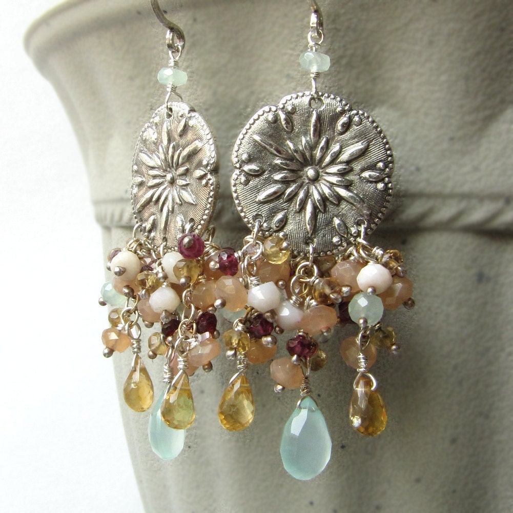 Fine .999 silver and sterling silver earrings, gemstone cluster in peach, pink, sea foam green