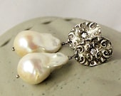 Fine .999 silver post earrings, large white freshwater flameball pearl