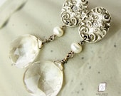 Fine .999 silver post earrings, large rock Quartz gemstone and freshwater pearl