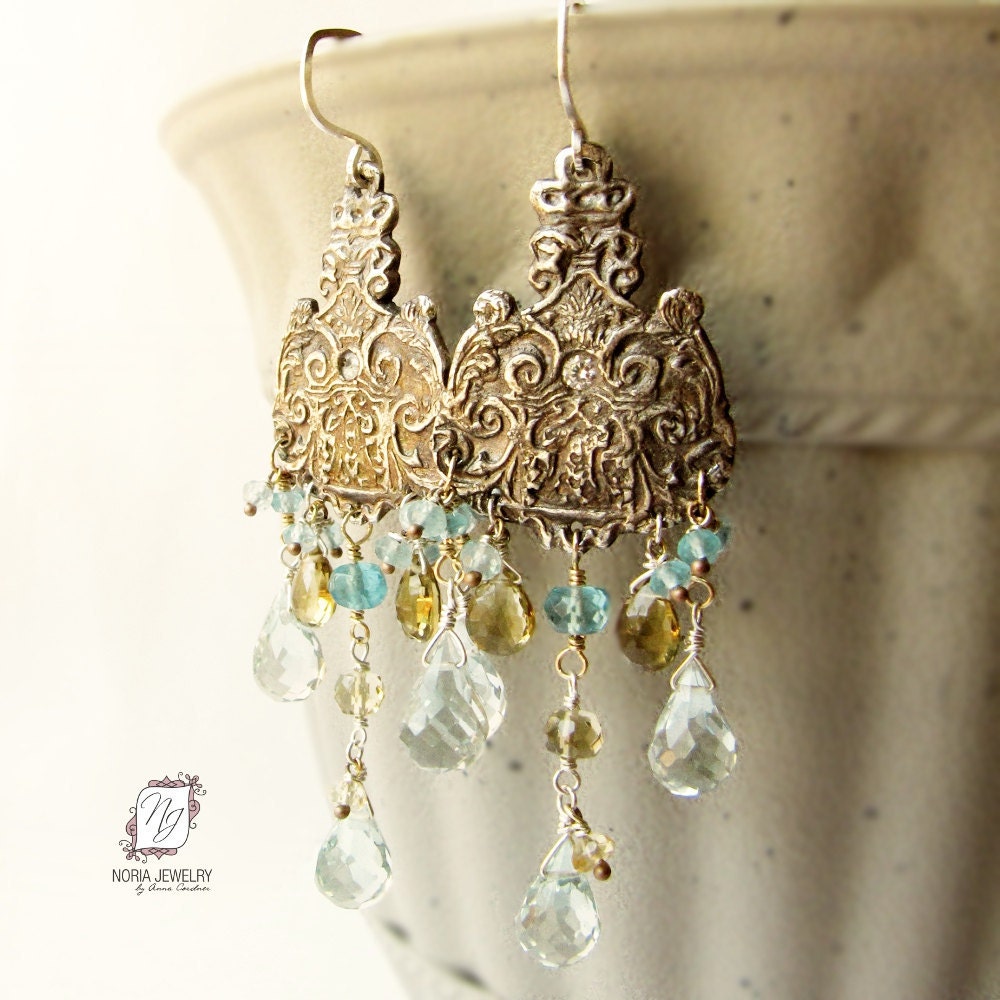Fine .999 silver chandelier earrings, blue and yellow gemstones, Edwardian style