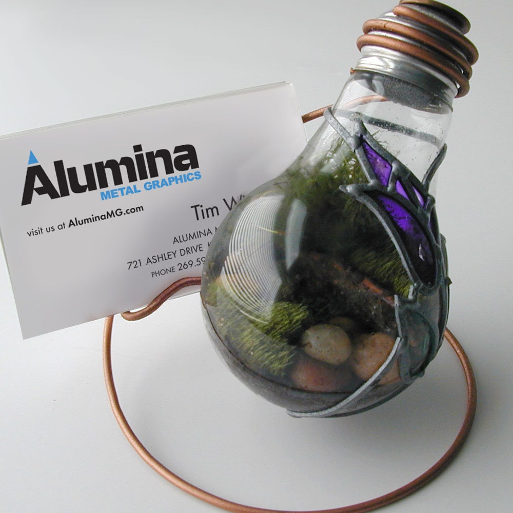 Business Card Display - Featuring Purple and Silver Floral 60 watt Moss Terrarium - Card on Left