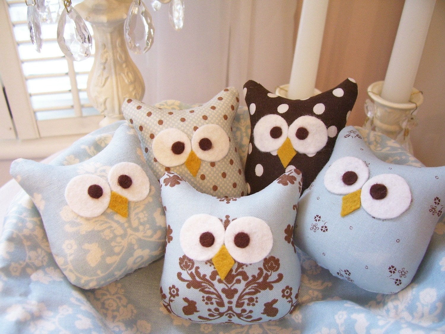 Reserved for schottc .....20 Darling Little Blue and Brown Owl Ornaments...Made with Lily and Will fabric...Soooo Cute