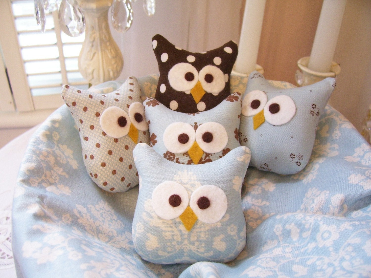 Reserved for schottc .....20 Darling Little Blue and Brown Owl Ornaments...Made with Lily and Will fabric...Soooo Cute