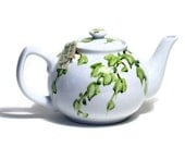 Tea Pot  Painted White Ceramic with Green Ivy