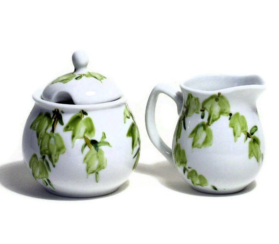 Painted White Ceramic China Sugar and Creamer set with Ivy