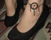 Black Dreamcatcher Anklet- Adjustable Leather Chain Feather Dangle Dream Catcher Feather Charm Wearable Ankle Tattoo