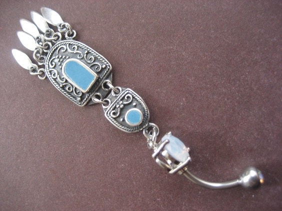Belly Button Ring Jewelry- Teal Turquoise Stone Dangle Chandelier Navel Piercing