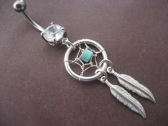 Dream Catcher Belly Button Ring- Turquoise Stone Dreamcatcher Feather Charm Dangle Navel Jewelry Piercing