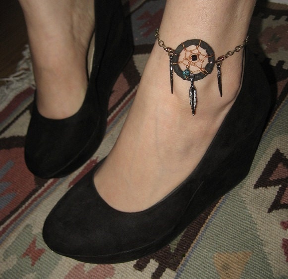 Black Dreamcatcher Anklet- Adjustable Leather Chain Feather Dangle Dream Catcher Feather Charm Wearable Ankle Tattoo