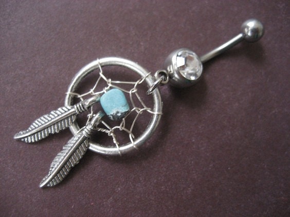 Turquoise Dream Catcher Belly Button Ring Jewelry Feather Charm Navel Piercing Bar Barbell