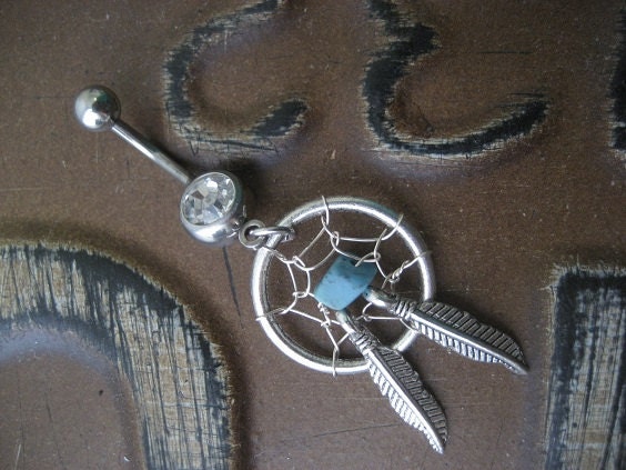 Turquoise Dream Catcher Belly Button Ring Jewelry Feather Charm Navel Piercing Bar Barbell