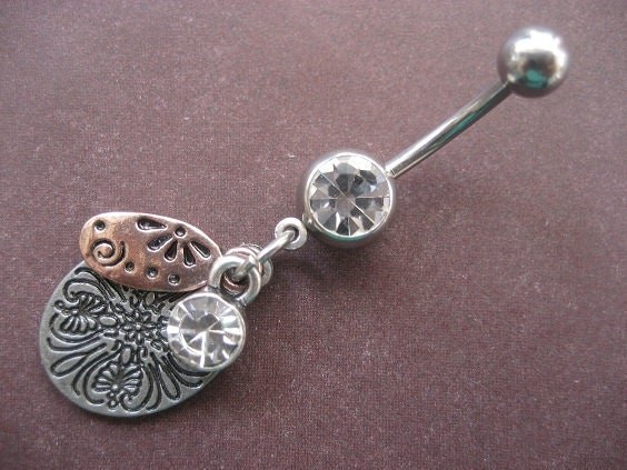 Stamped Layered Metal Charm Belly Button Ring- Clear Gem Silver Tone Copper Navel Piercing