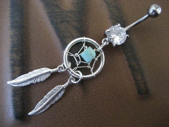 Dream Catcher Belly Button Ring- Turquoise Stone Dreamcatcher Feather Charm Dangle Navel Jewelry Piercing