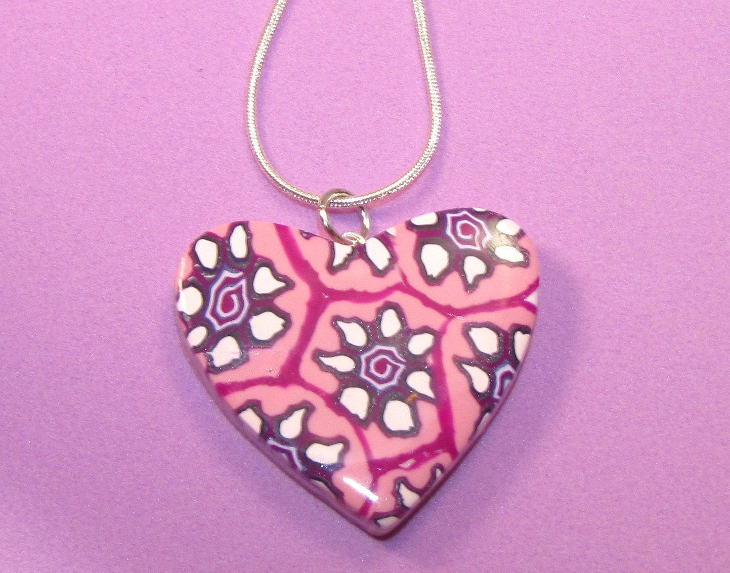 Pink Flower HEART Pendant -  polymer clay