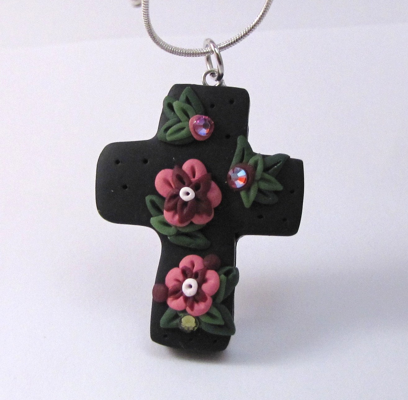 Black and Burgundy CROSS Pendant - Handmade Polymer Clay and Swarovski Crystals