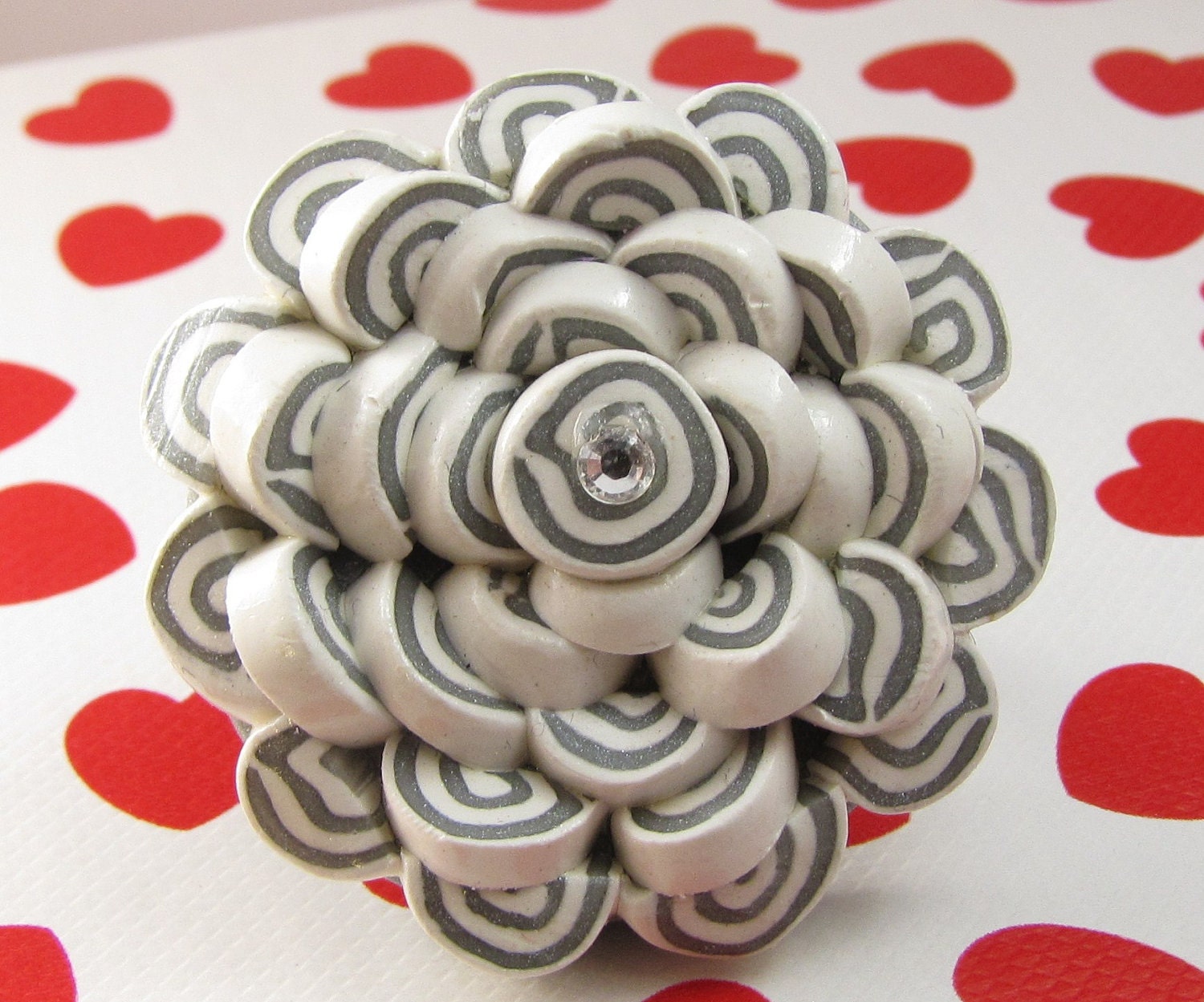 Big White Corsage Statement Ring - handmade polymer clay and Swarovski crystal