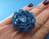 Big Blue Flower Cocktail Ring - handmade polymer clay and Swarovski crystal
