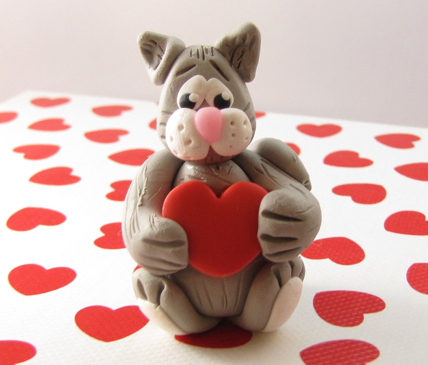 Little Gray Cat Valentine's Day Figurine Ornament - Handsculpted Polymer Clay