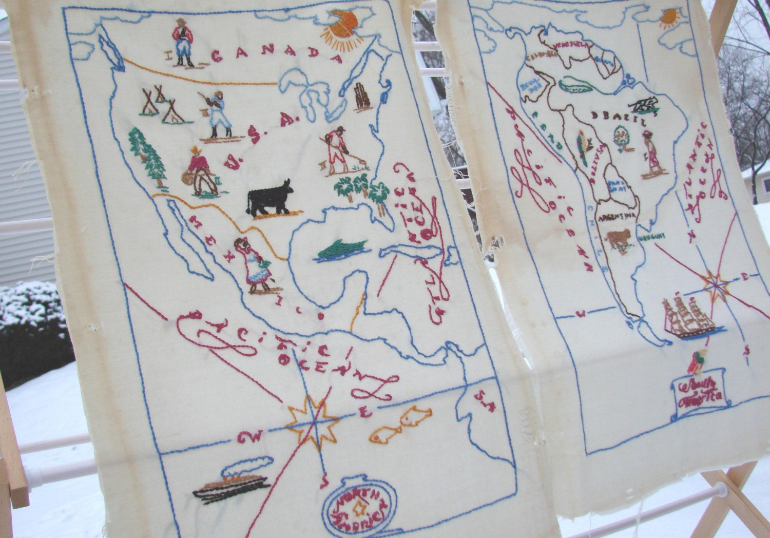 Vintage Embroidered Maps of North and South America