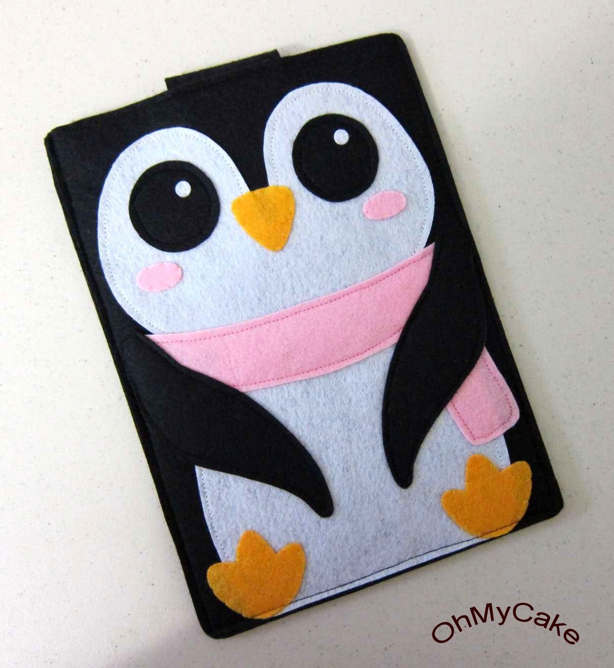 Handmade Felt Kindle Case - Kindle 3 Cover - Kindle Fire Case - Kindle Touch Cover - Nook Case - Kindle Sleeve - "Girly Penguin " Design