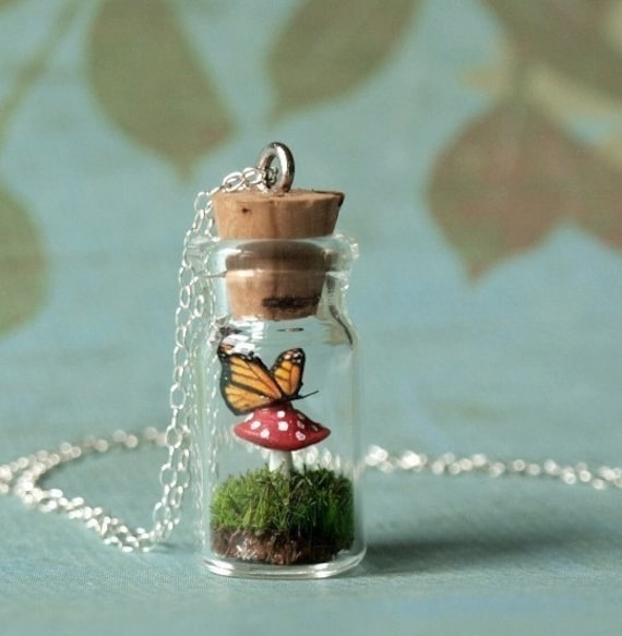 RESERVED Tiny Woodland Terrarium Mushroom and Monarch Butterfly Necklace