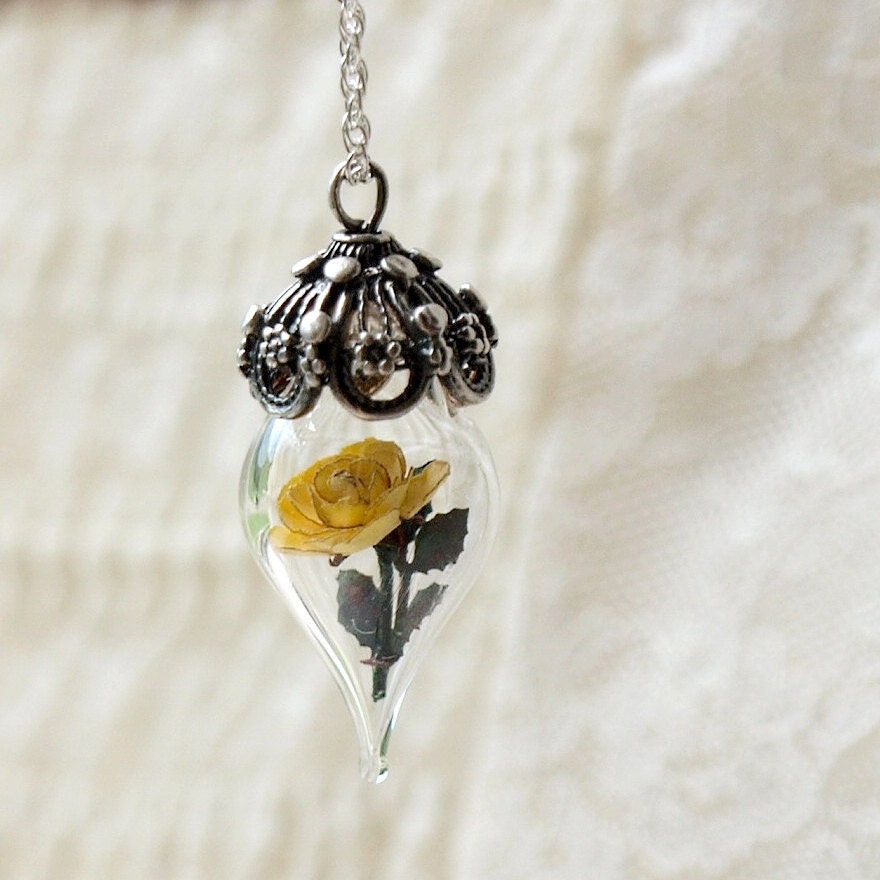 Sunny Yellow Rose Flower Tiny Terrarium Necklace Glass Vial by Woodland Belle