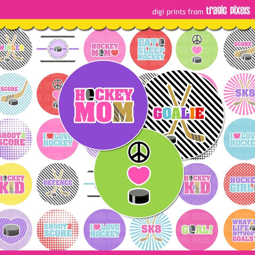 Ice Hockey Bright Bottle Cap Images - Digital Collage Sheet (No. 606) - 1 Inch Circles for Bottlecaps, Hair Bows, More - Instant Download