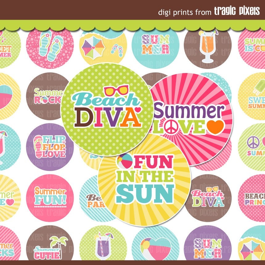 Summer Bottle Cap Images - Digital Collage Sheet (No. 662) - 1 Inch Circles for Bottlecaps, Hair Bows - Instant Download