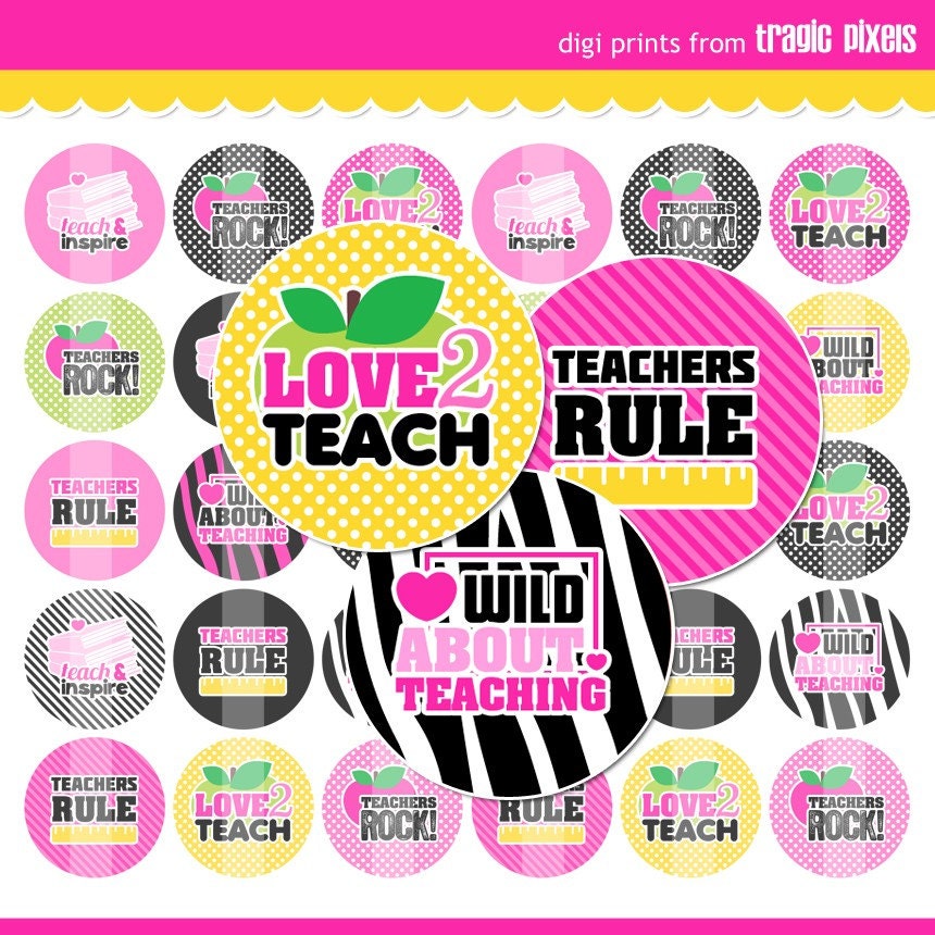 Wild About Teaching Bottle Cap Images - 4x6 Digital Collage Sheet (No. 770) - 1 Inch Circles for Bottlecaps, Hair Bows - Instant Download