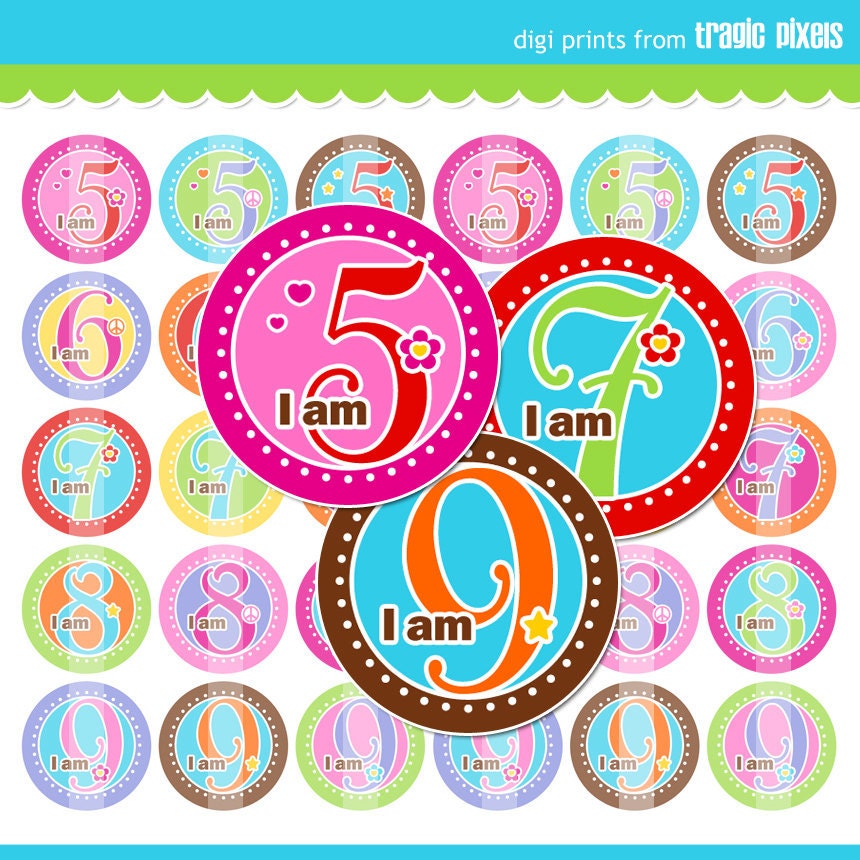 I Am This Many Bottle Cap Images - 4x6 Digital Collage Sheet (No. 786) - 1 Inch Circles for Bottlecaps, Hair Bows, Magnets, & More